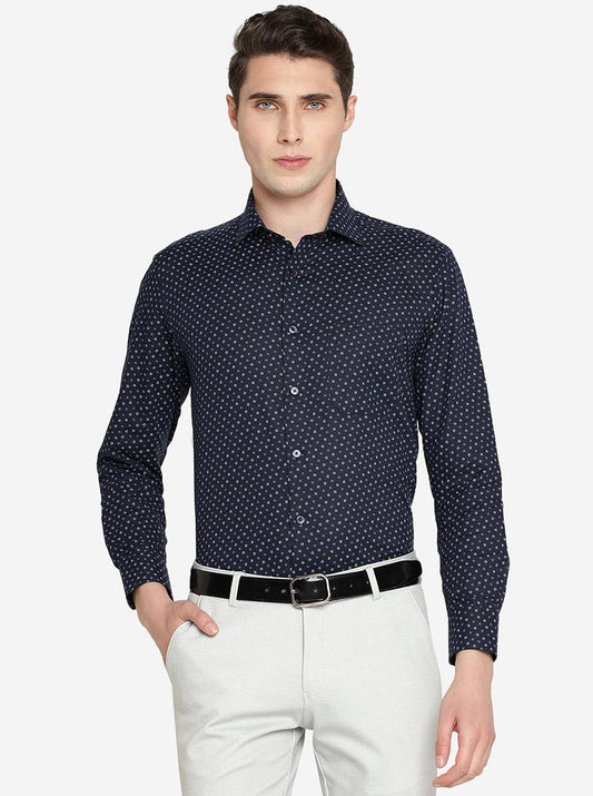 Navy Blue Printed Slim Fit Formal Shirt | Greenfibre