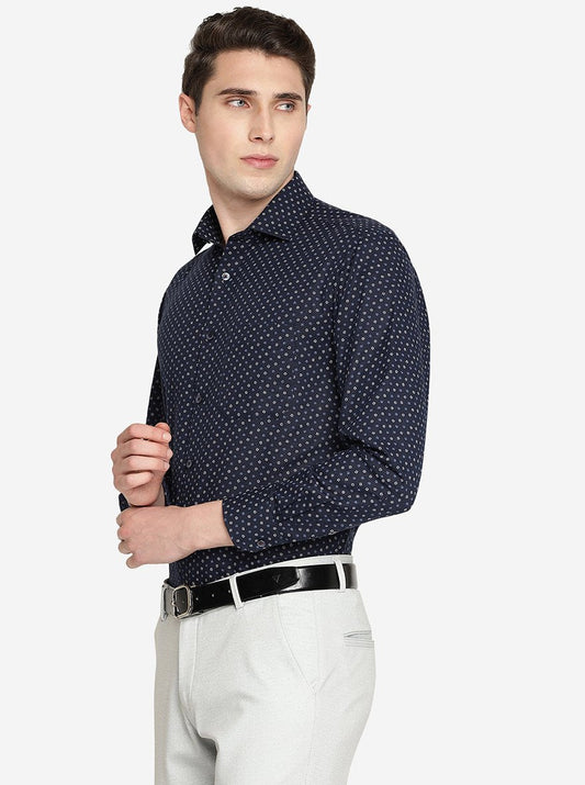 Navy Blue Printed Slim Fit Formal Shirt | Greenfibre