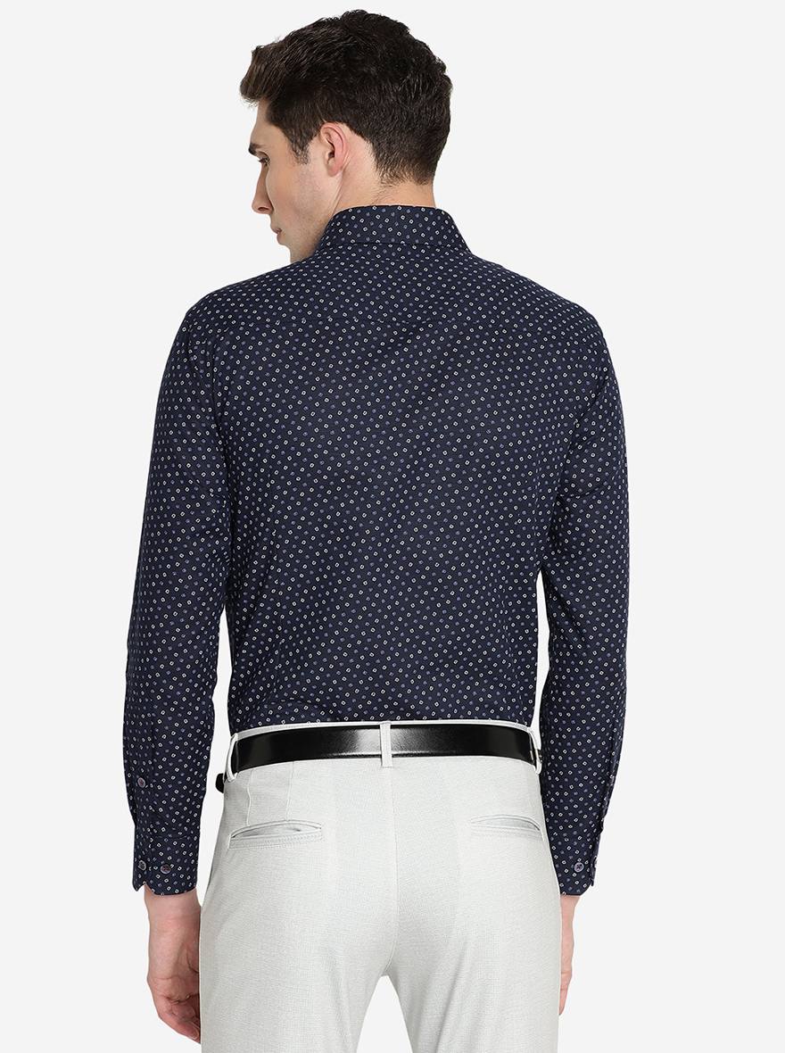 Navy Blue Printed Slim Fit Formal Shirt | Greenfibre