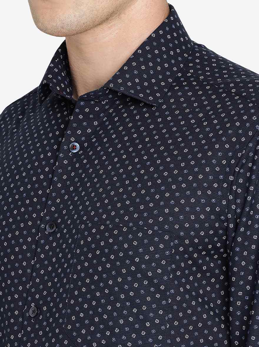 Navy Blue Printed Slim Fit Formal Shirt | Greenfibre
