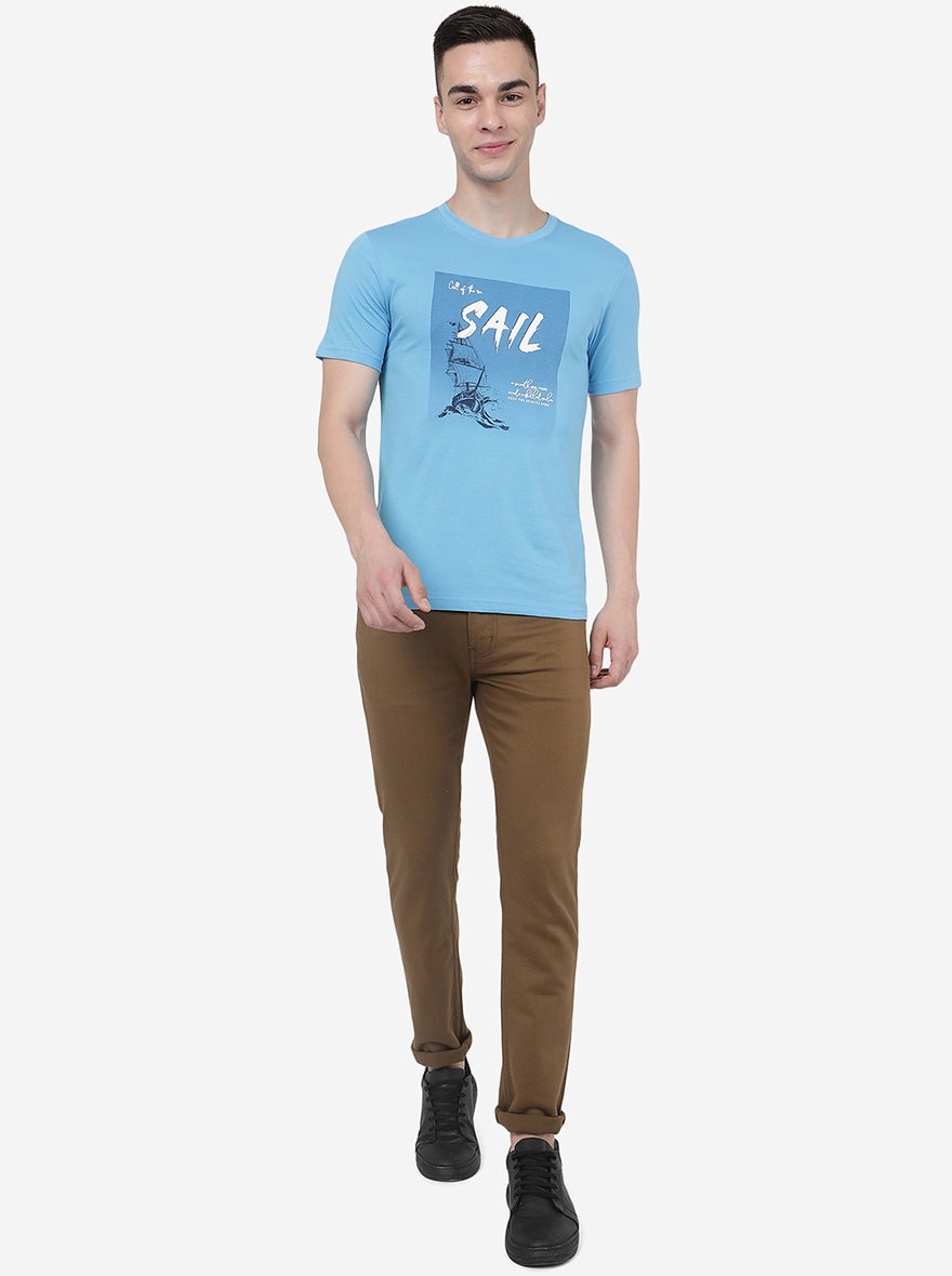 Light Blue Printed Slim Fit T-Shirt | Greenfibre