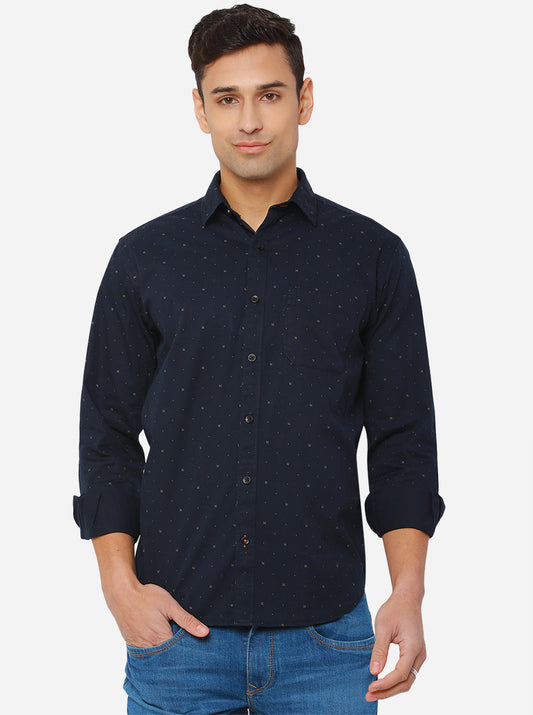 Dark Blue Printed Slim Fit Casual Shirt | Greenfibre