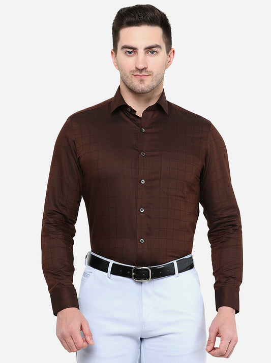 Brown Checked Slim Fit Formal Shirt | Greenfibre