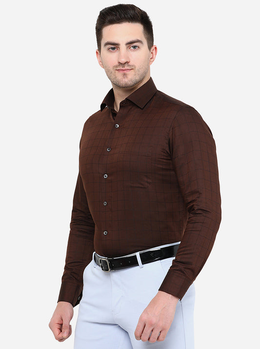 Brown Checked Slim Fit Formal Shirt | Greenfibre
