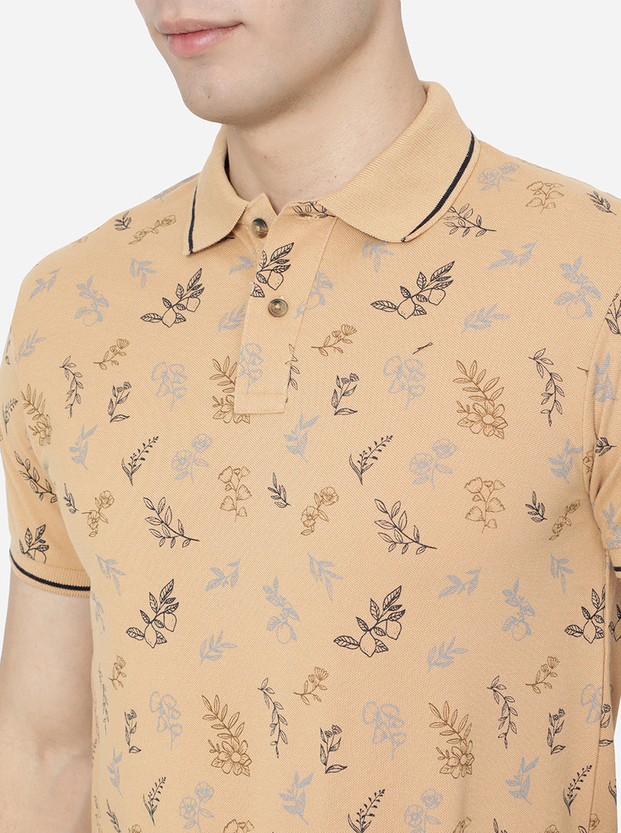 Honey Yellow Printed Slim Fit Polo T-Shirt | Greenfibre