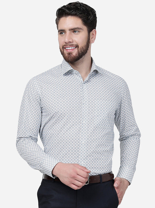 White & Green Printed Slim Fit Formal Shirt | Greenfibre