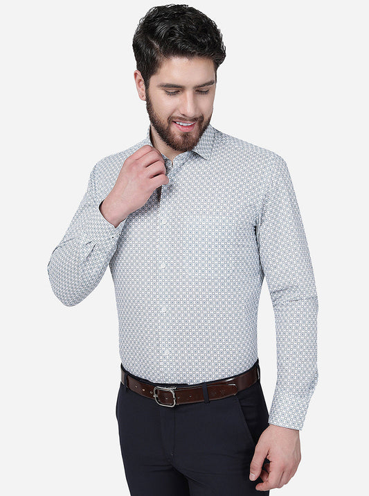 White & Green Printed Slim Fit Formal Shirt | Greenfibre
