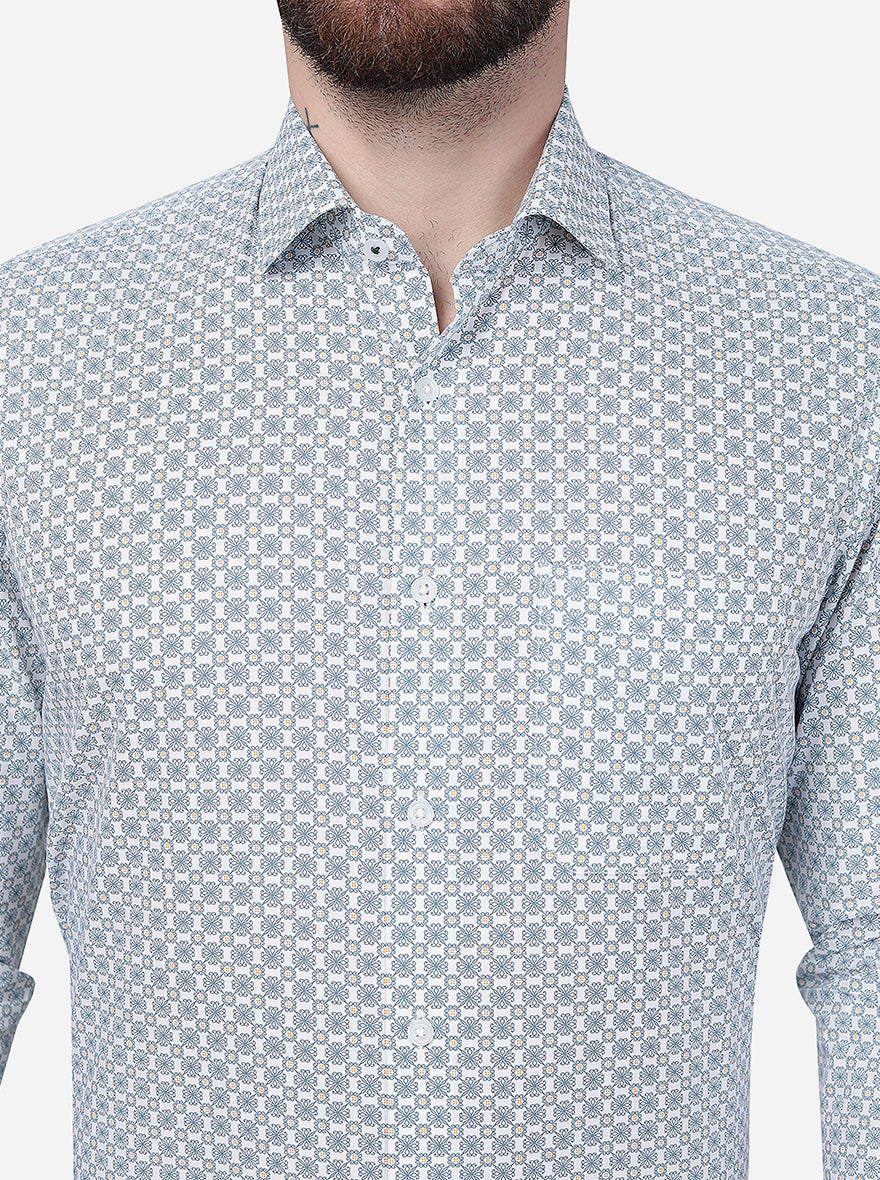 White & Green Printed Slim Fit Formal Shirt | Greenfibre
