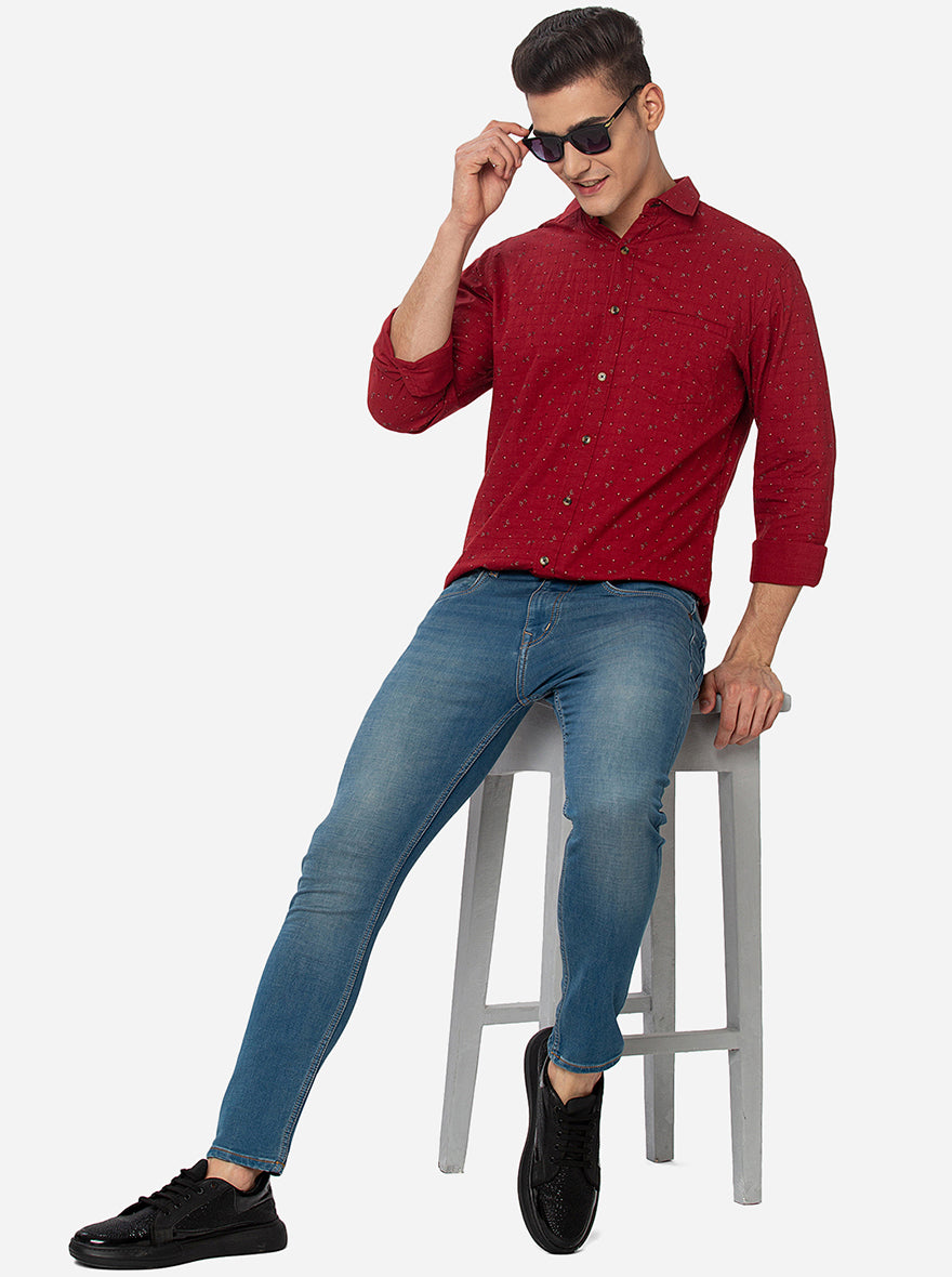Red Printed Slim Fit Semi Casual Shirt | Greenfibre