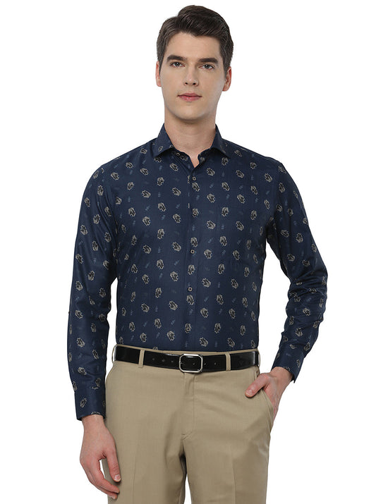 Navy Blue Printed Slim Fit Party Wear Shirt | Greenfibre