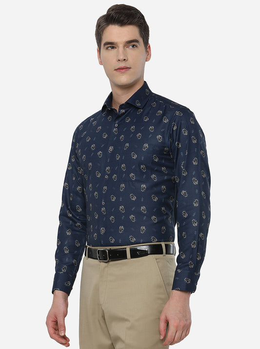 Navy Blue Printed Slim Fit Party Wear Shirt | Greenfibre