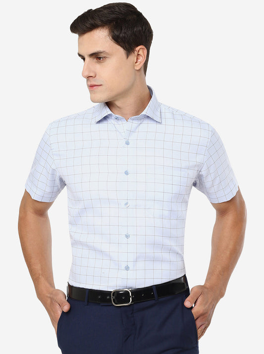 Sky Blue Checked Slim Fit Formal Shirt | Greenfibre