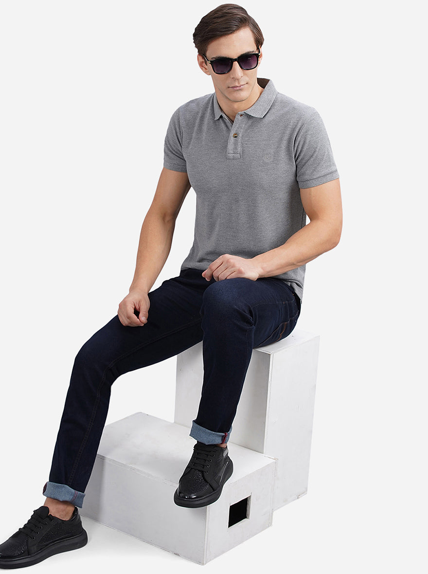 Grey Solid Slim Fit Polo T-Shirt | Greenfibre