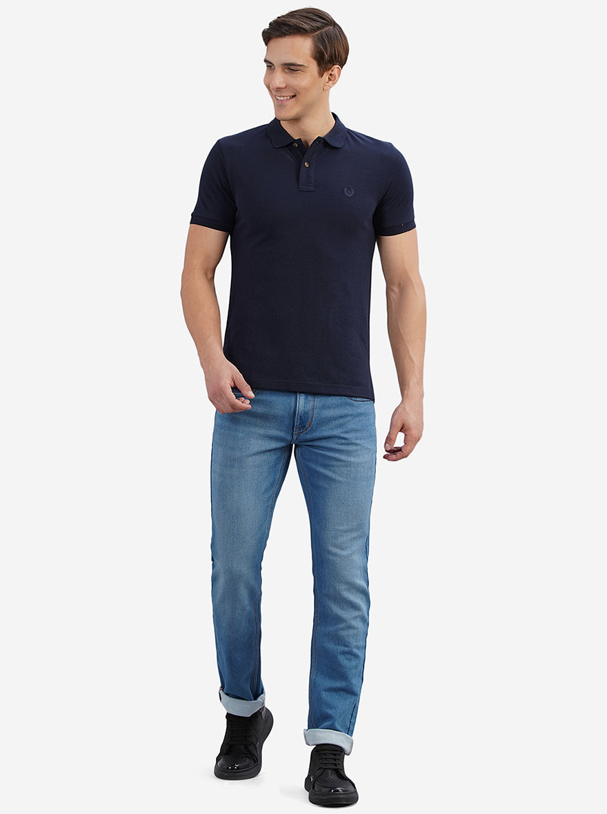 Navy Blue Solid Slim Fit Polo T-Shirt | Greenfibre