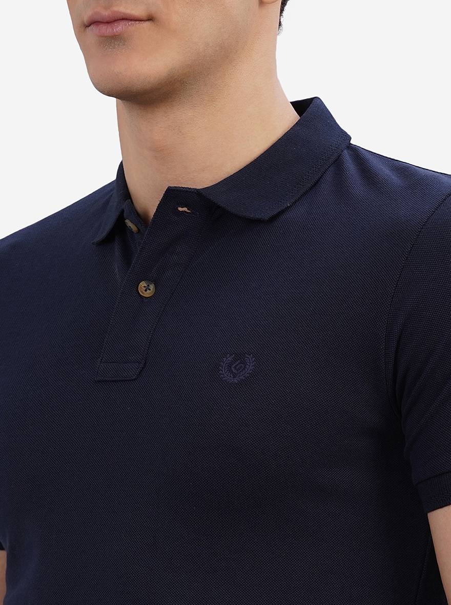 Navy Blue Solid Slim Fit Polo T-Shirt | Greenfibre