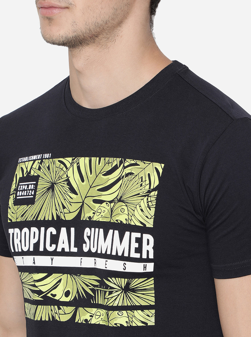 Navy Blue Printed Slim Fit T-Shirt | Greenfibre