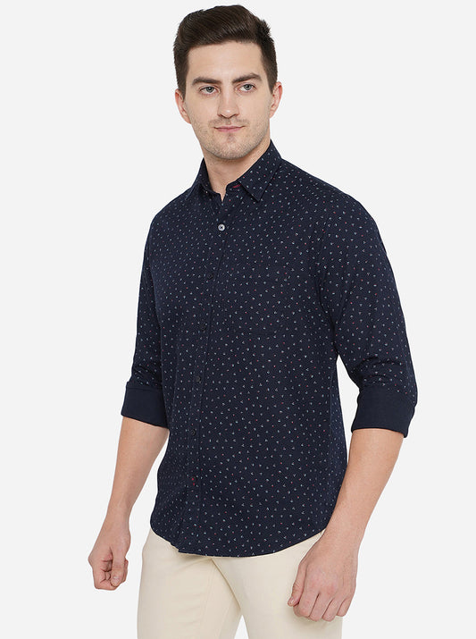 Navy Blue Printed Classic Fit Casual Shirt | Greenfibre