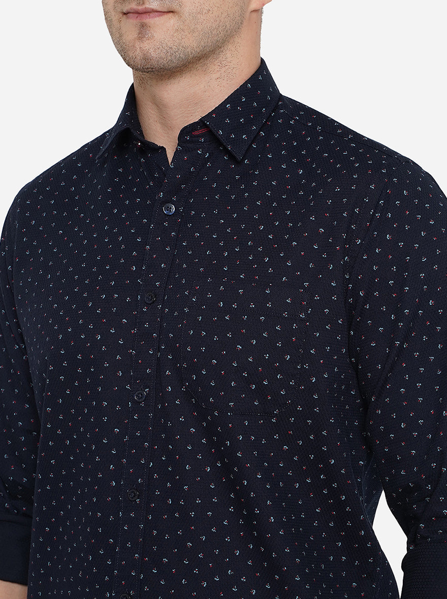 Navy Blue Printed Classic Fit Casual Shirt | Greenfibre