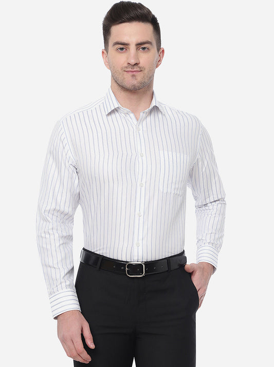 White & Blue Striped Regular Fit Formal Shirt | Greenfibre