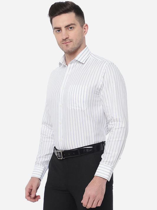 White & Blue Striped Regular Fit Formal Shirt | Greenfibre