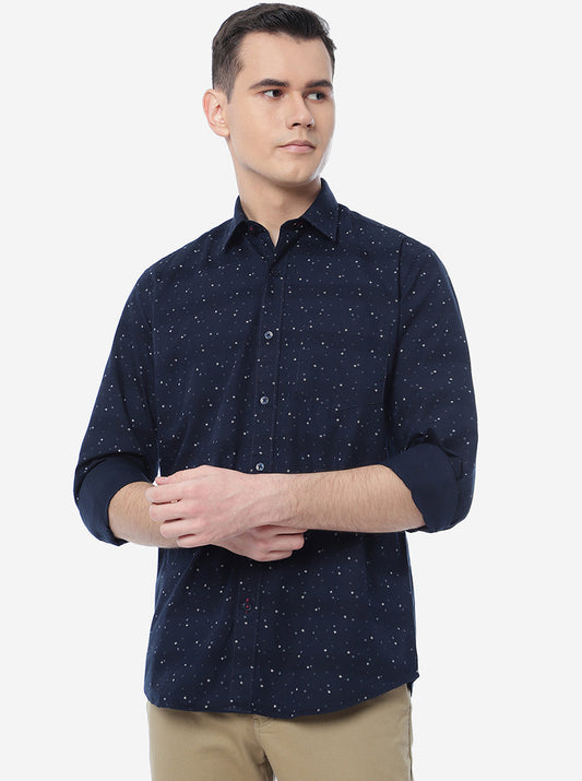 Navy Blue Printed Slim Fit Casual Shirt | Greenfibre