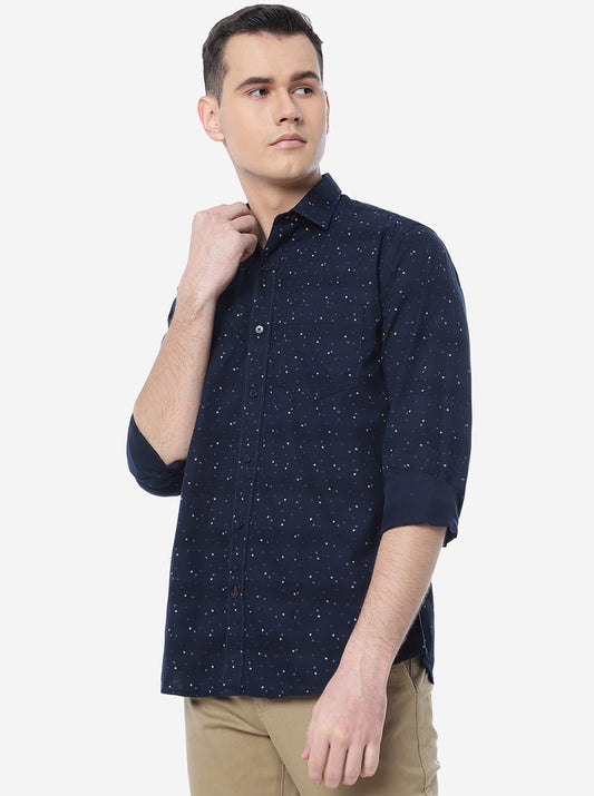 Navy Blue Printed Slim Fit Casual Shirt | Greenfibre
