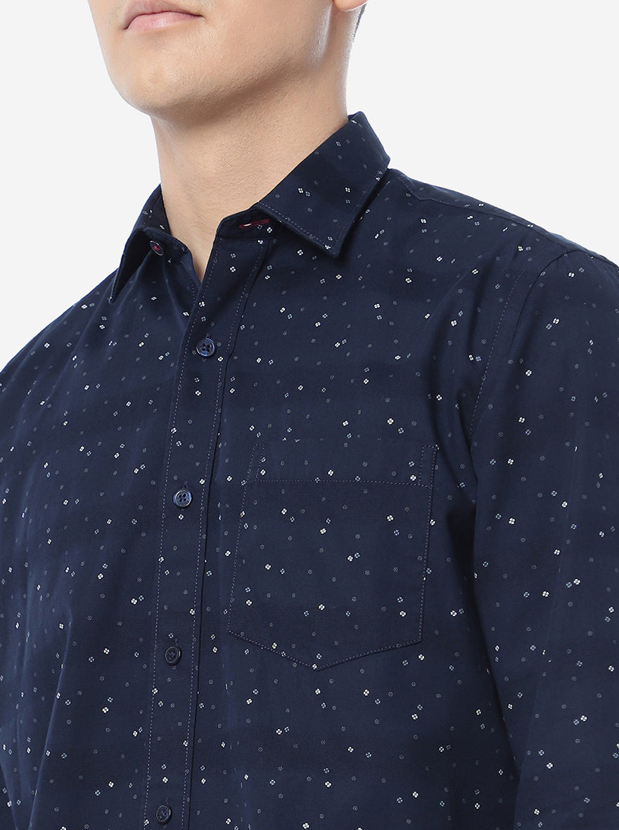 Navy Blue Printed Slim Fit Casual Shirt | Greenfibre