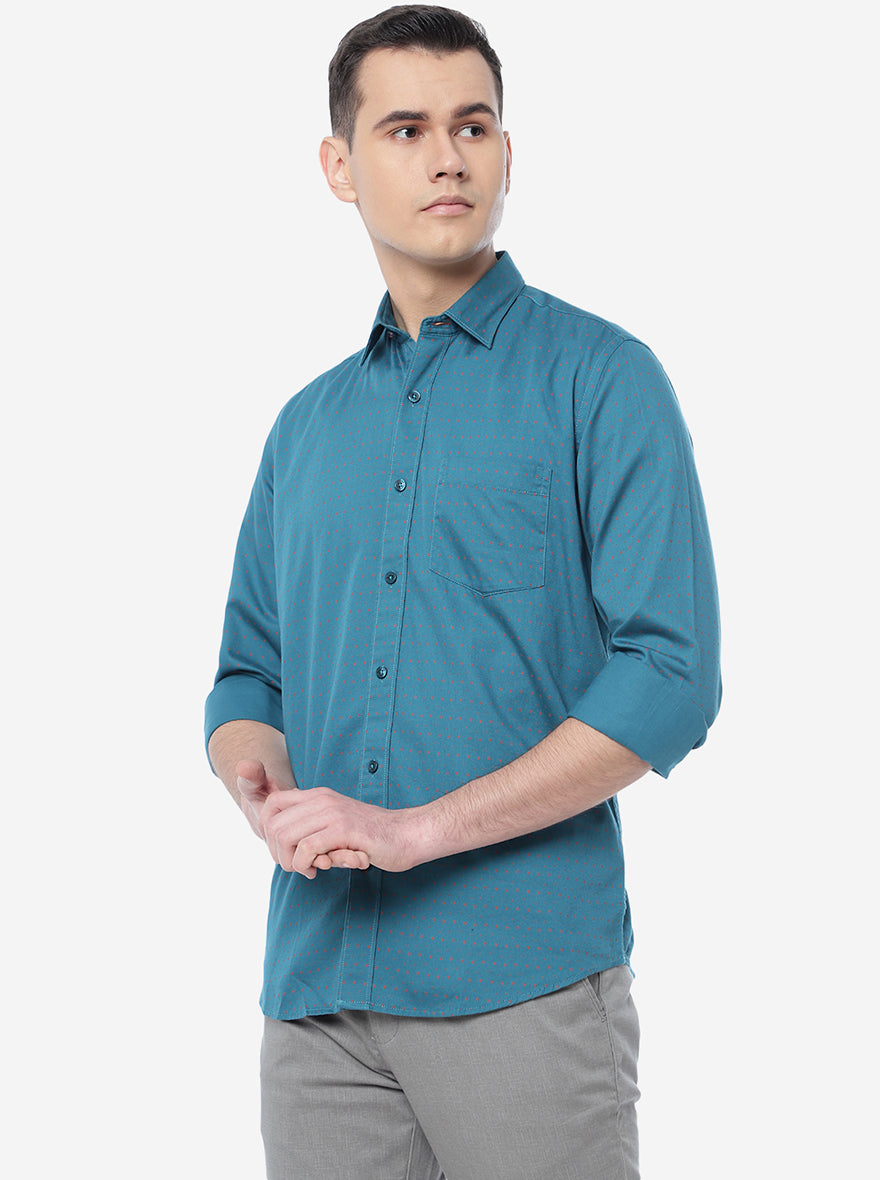 Lake Blue Printed Slim Fit Casual Shirt | Greenfibre