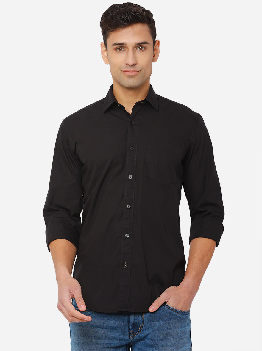 Jet Black Solid Slim Fit Casual Shirt | Greenfibre