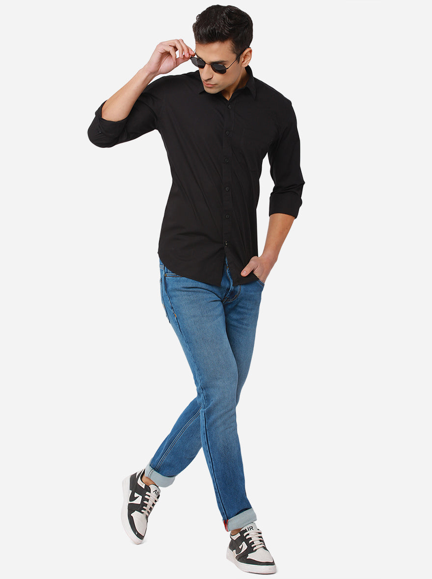 Jet Black Solid Slim Fit Casual Shirt | Greenfibre