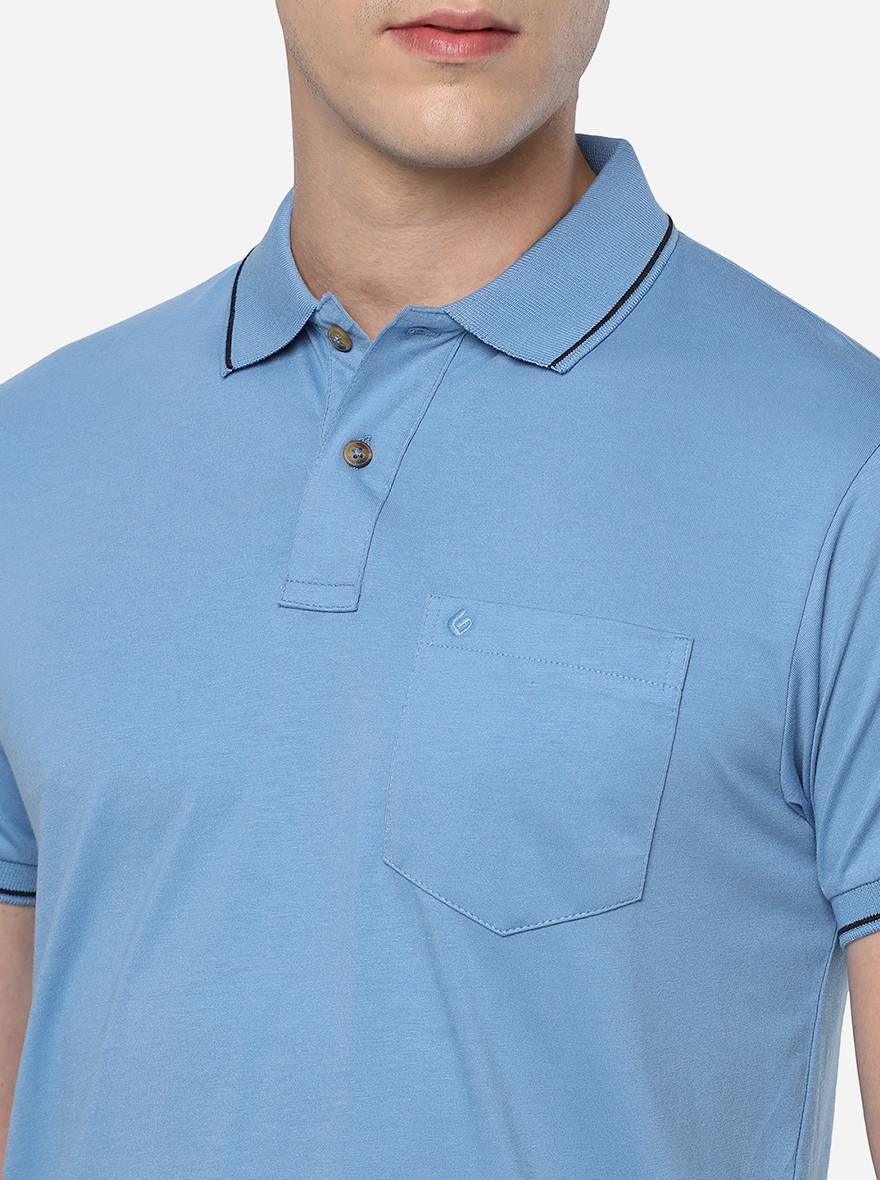 Light Blue Solid Slim Fit Polo T-Shirt | Greenfibre