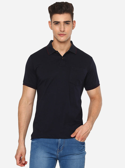 Navy Blue Solid Slim Fit Polo T-Shirt | Greenfibre