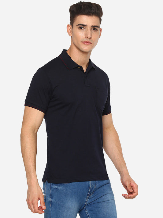 Navy Blue Solid Slim Fit Polo T-Shirt | Greenfibre