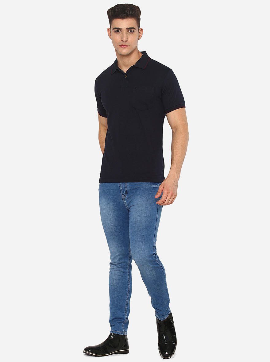 Navy Blue Solid Slim Fit Polo T-Shirt | Greenfibre