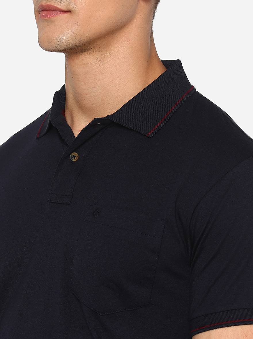 Navy Blue Solid Slim Fit Polo T-Shirt | Greenfibre
