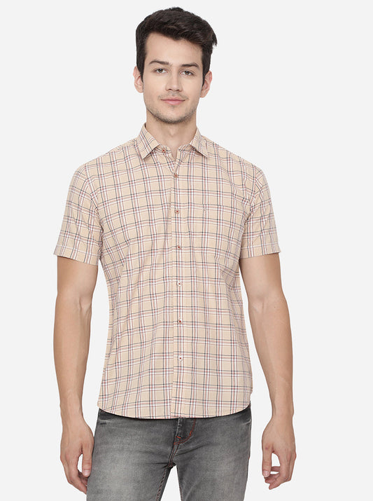 Light Beige Checked Slim Fit Casual Shirt | Greenfibre