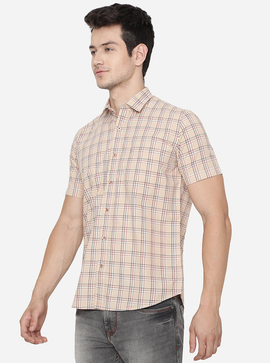 Light Beige Checked Slim Fit Casual Shirt | Greenfibre