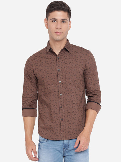 Coffee Brown Printed Slim Fit Semi Casual Shirt | Greenfibre