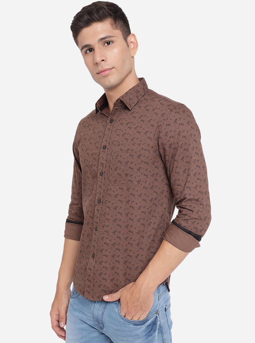 Coffee Brown Printed Slim Fit Semi Casual Shirt | Greenfibre