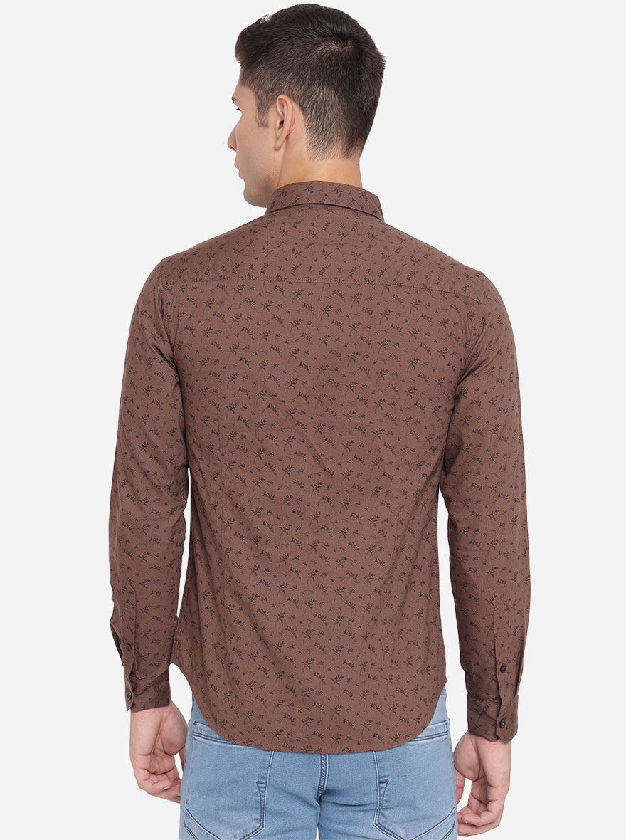 Coffee Brown Printed Slim Fit Semi Casual Shirt | Greenfibre