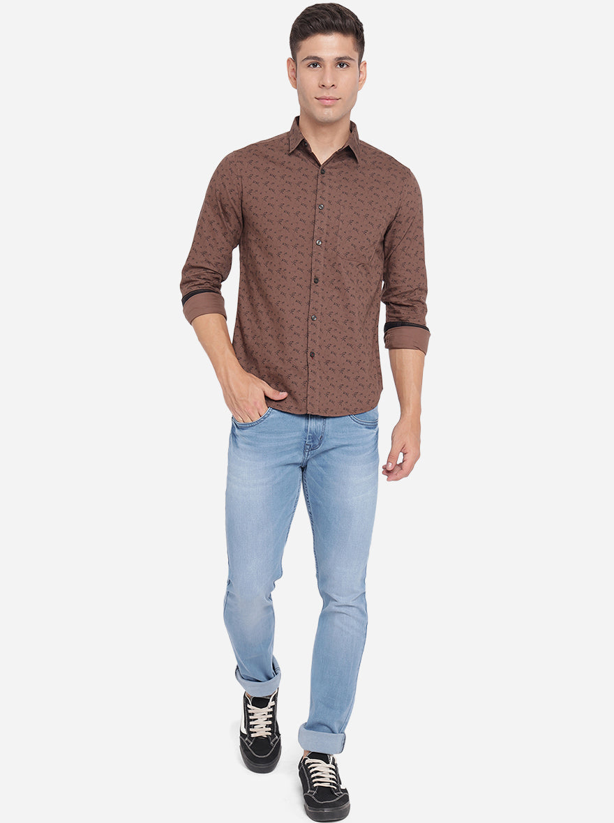 Coffee Brown Printed Slim Fit Semi Casual Shirt | Greenfibre