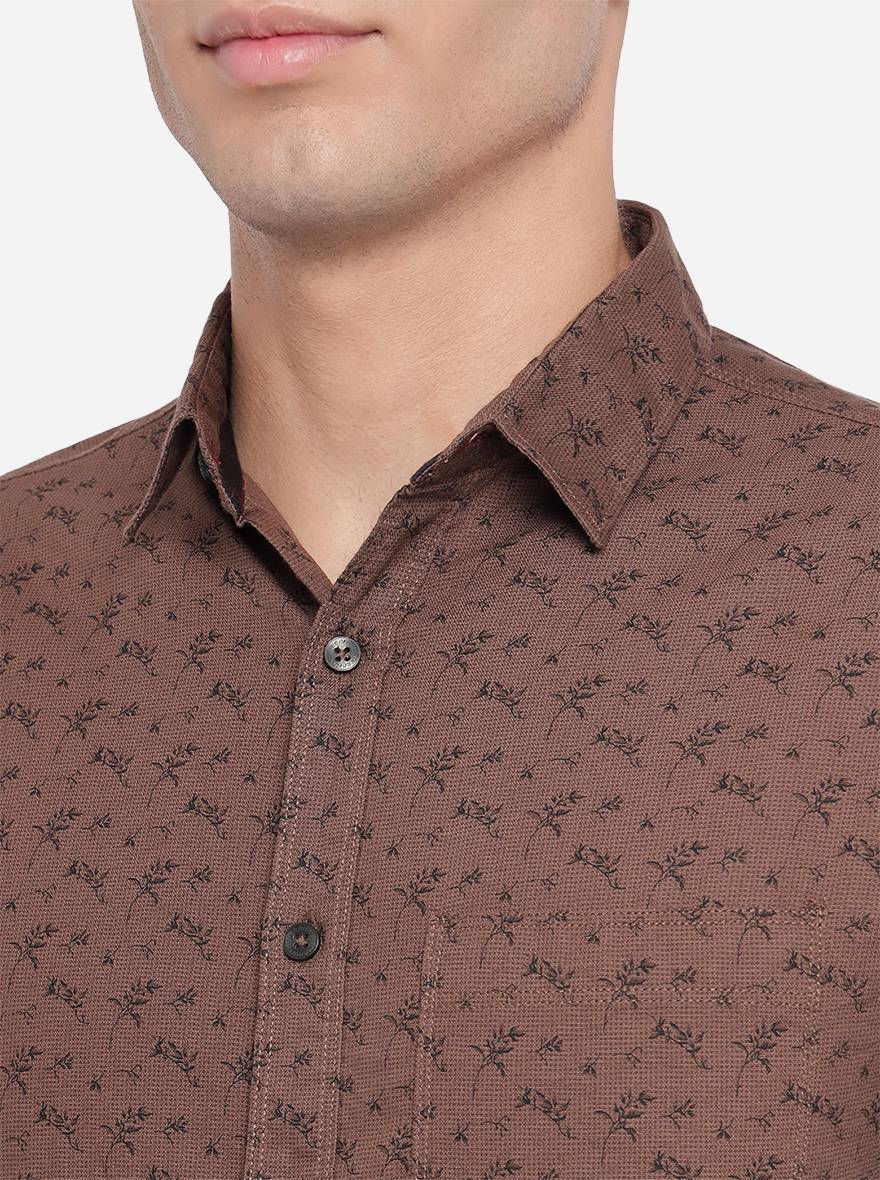 Coffee Brown Printed Slim Fit Semi Casual Shirt | Greenfibre