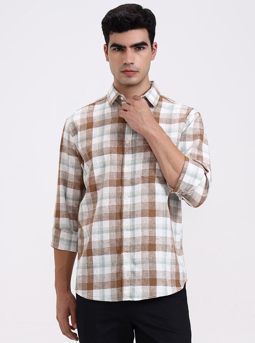 White & Brown Checked Slim Fit Casual Shirt | Greenfibre