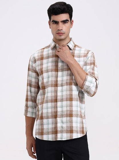White & Brown Checked Slim Fit Casual Shirt | Greenfibre