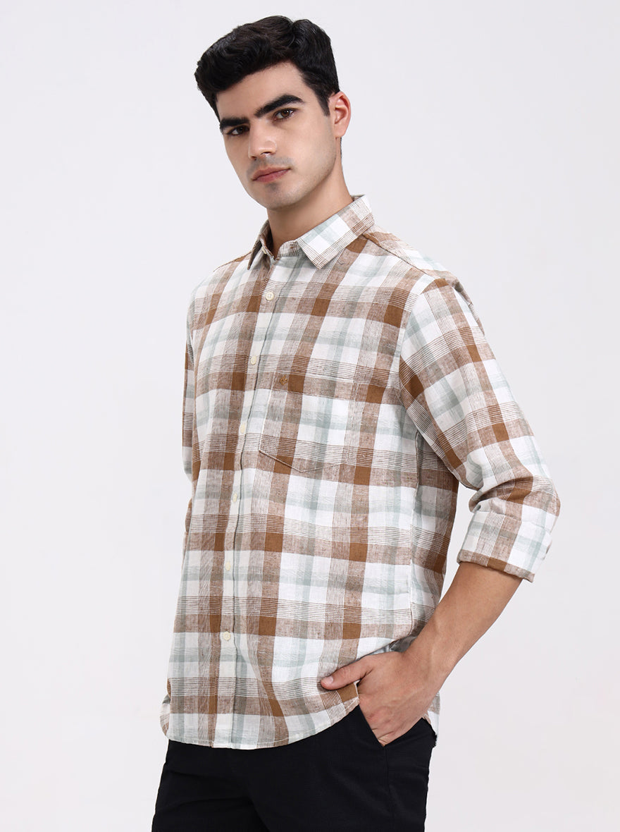 White & Brown Checked Slim Fit Casual Shirt | Greenfibre