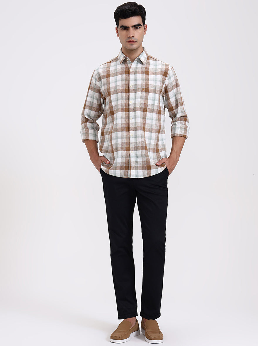White & Brown Checked Slim Fit Casual Shirt | Greenfibre