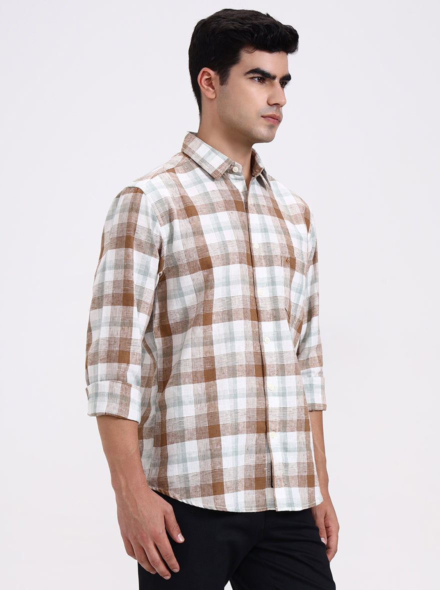 White & Brown Checked Slim Fit Casual Shirt | Greenfibre