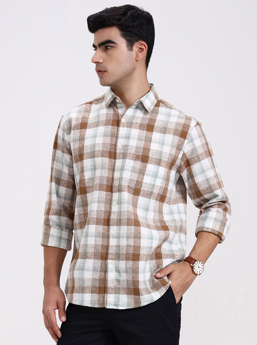 White & Brown Checked Slim Fit Casual Shirt | Greenfibre