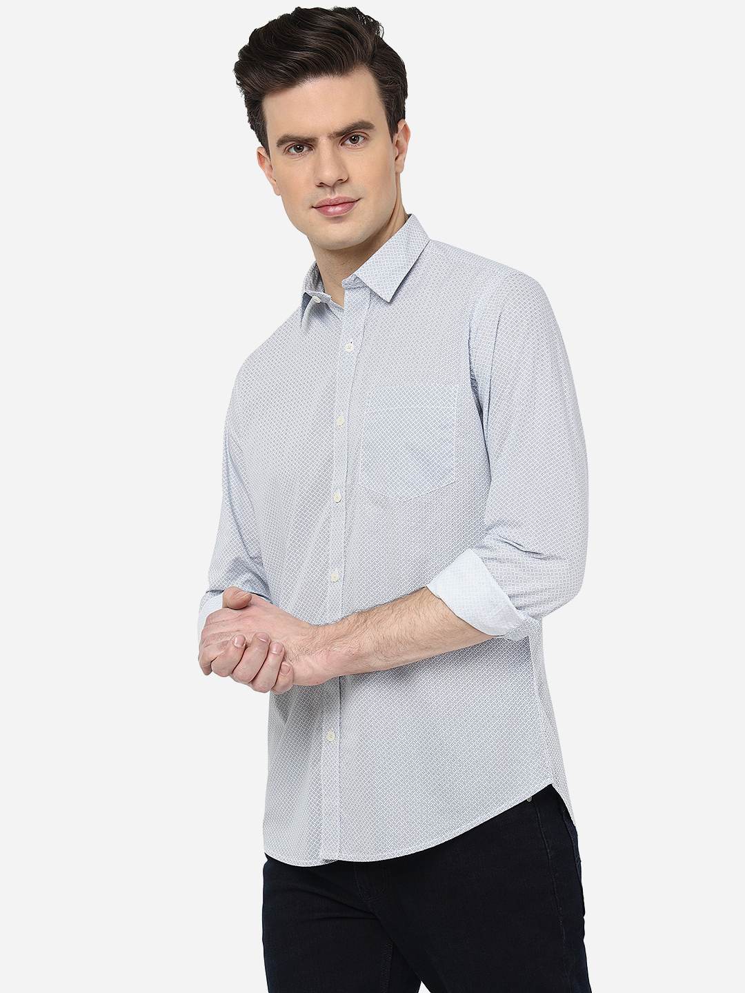 Light Blue Printed Smart Fit Semi Casual Shirt | Greenfibre