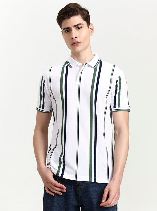 White & Green Striped Slim Fit Polo T-Shirt | Greenfibre
